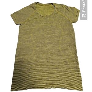 Lululemon women's T-shirt yellow/gray striped. 18" PTP, 24" neck to hem